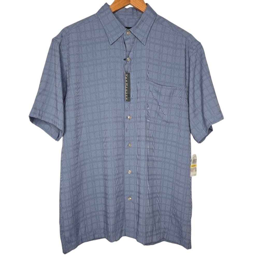 Van Heusen Barcelona Blue Micro Smooth Checker Short Sleeve Button Shirt Medium